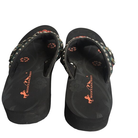 Montana West Shoes Womens Size 8 Black Wedge Flip Flop Sandals Rhinestone - Picture 9 of 10
